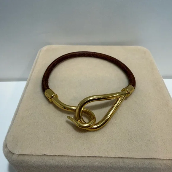 Hermes Gold Hook Brown Leather Bracelet - Picture 2 of 5
